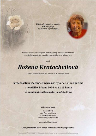 Smuteční oznámení – Božena Kratochvílová