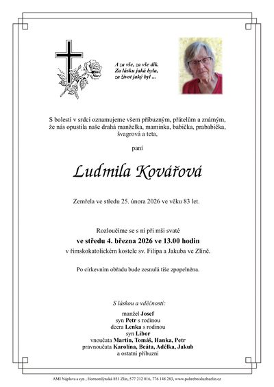 Smuteční oznámení – Ludmila Kovářová