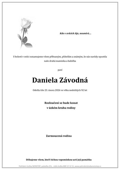 Smuteční oznámení – Daniela Závodná
