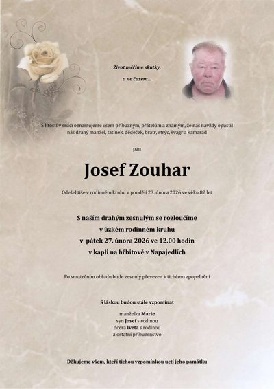 Smuteční oznámení – Josef Zouhar