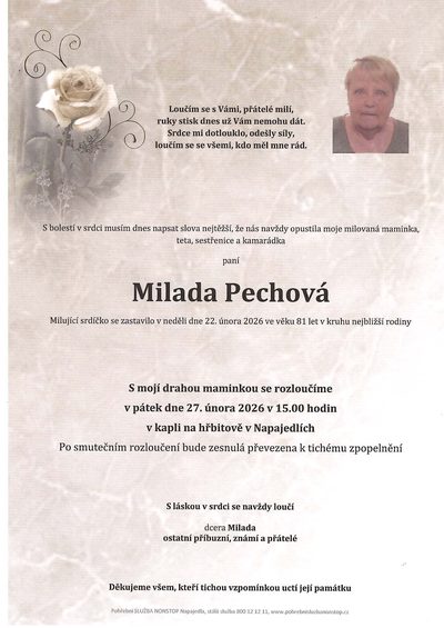 Smuteční oznámení – Milada Pechová