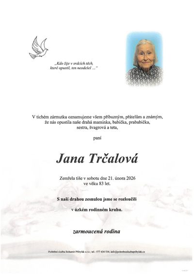 Smuteční oznámení – Jana Trčalová