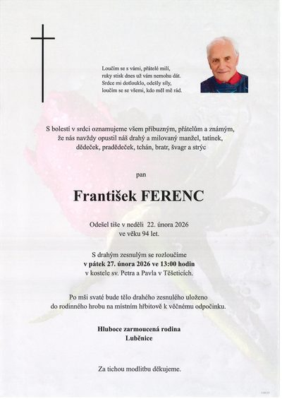 Smuteční oznámení – František Ferenc