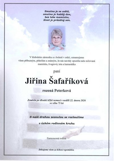 Smuteční oznámení – Jiřina Šafaříková
