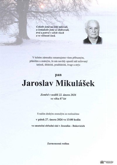 Smuteční oznámení – Jaroslav Mikulášek