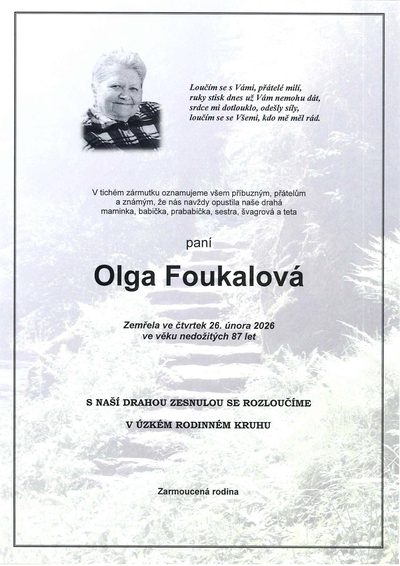 Smuteční oznámení – Olga Foukalová