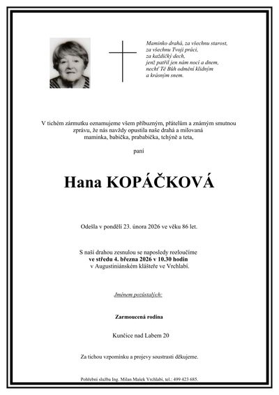 Smuteční oznámení – Hana Kopáčková