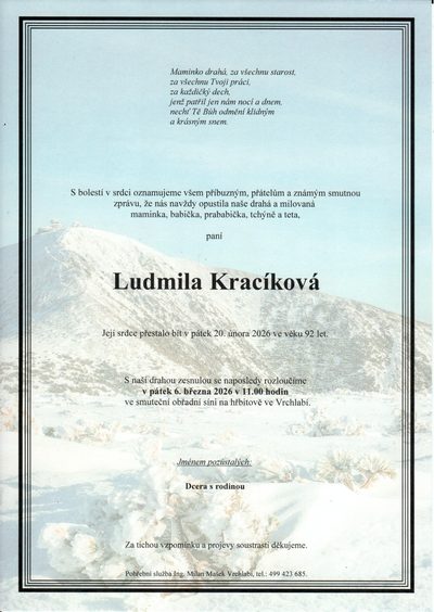 Smuteční oznámení – Ludmila Kracíková