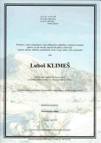 Smuteční oznámení – Luboš Klimeš