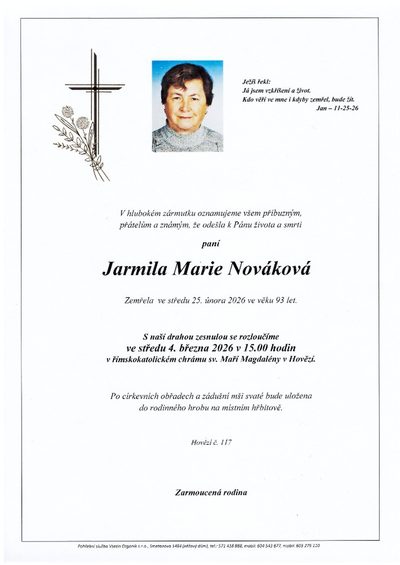 Smuteční oznámení – Jarmila Marie Nováková