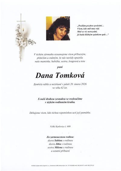 Smuteční oznámení – Dana Tomková