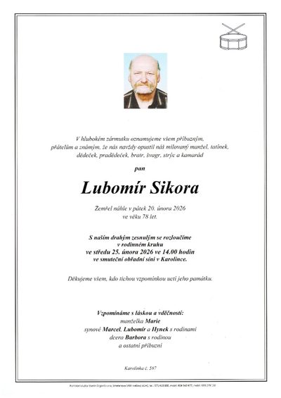 Smuteční oznámení – Lubomír Sikora