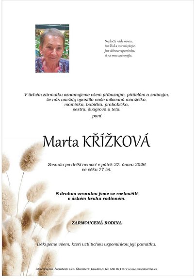 Smuteční oznámení – Marta Křížková