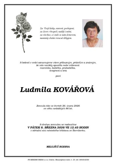 Smuteční oznámení – Ludmila Kovářová