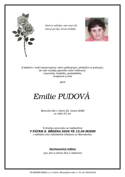 Smuteční oznámení – Emilie Pudová