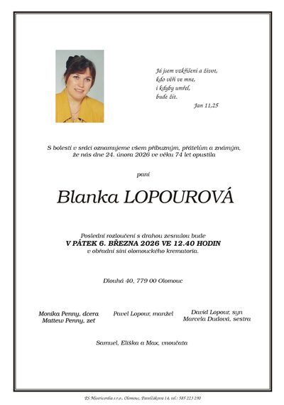 Smuteční oznámení – Blanka Lopourová