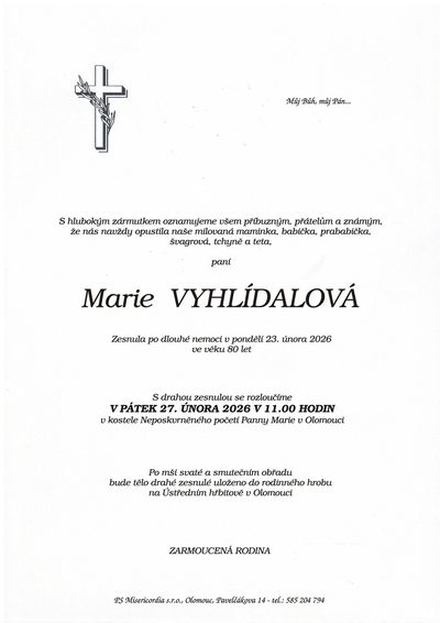 Smuteční oznámení – Marie Vyhlídalová