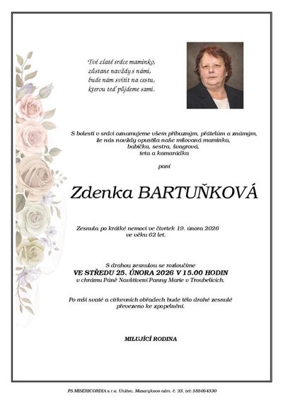 Smuteční oznámení – Zdenka Bartuňková