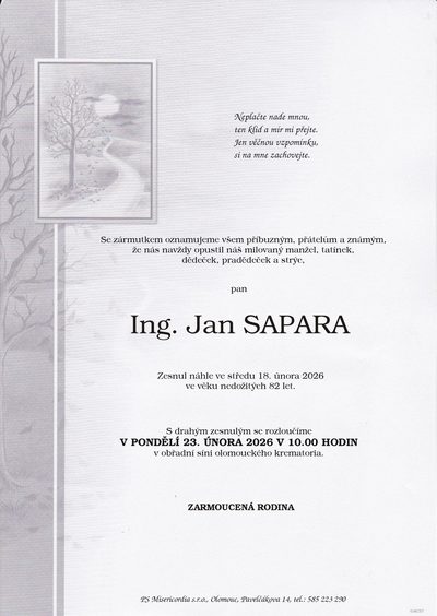 Smuteční oznámení – Jan Sapara