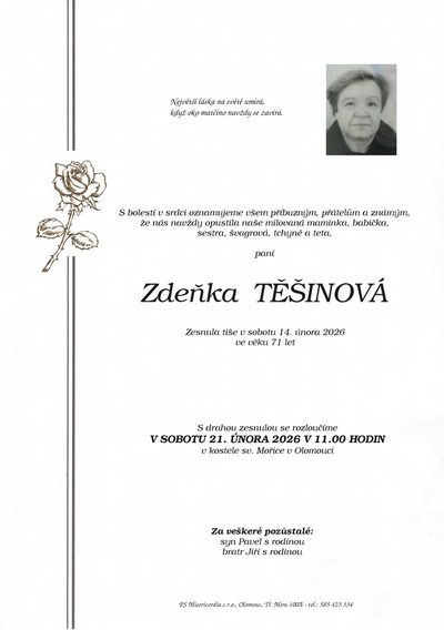 Smuteční oznámení – Zdeňka Těšinová