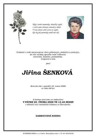 Smuteční oznámení – Jiřina Šenková