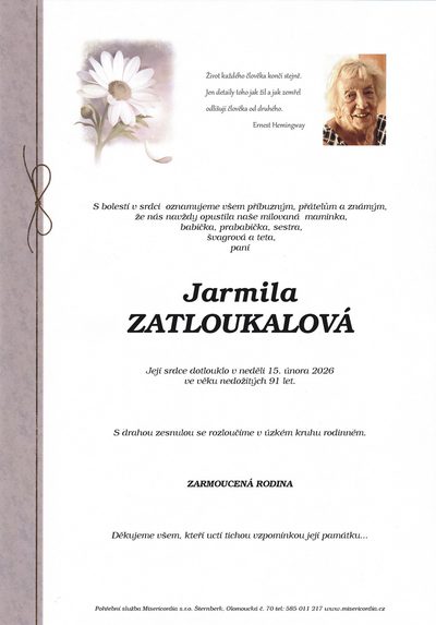Smuteční oznámení – Jarmila Zatloukalová