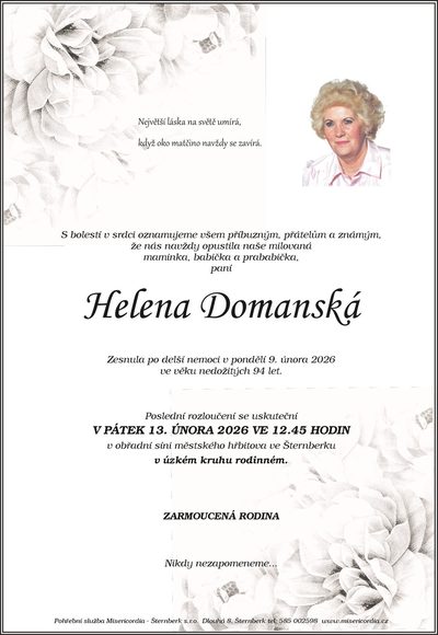 Smuteční oznámení – Helena Domanská