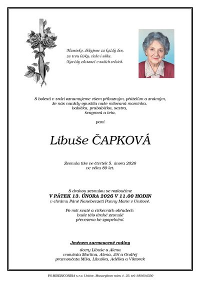 Smuteční oznámení – Libuše Čapková