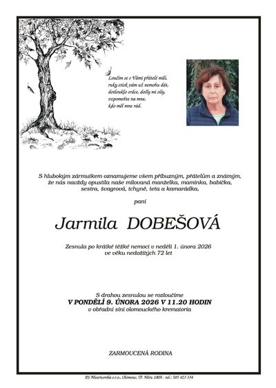 Smuteční oznámení – Jarmila Dobešová
