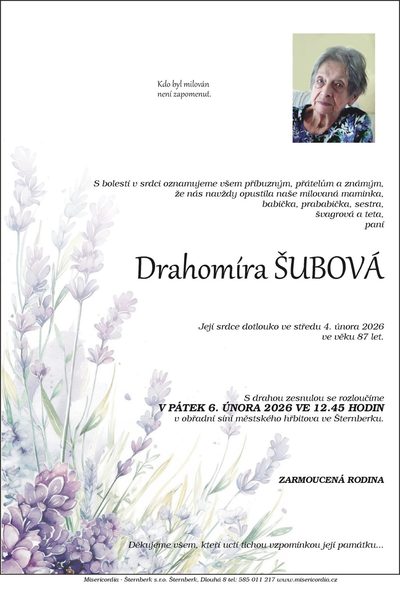Smuteční oznámení – Drahomíra Šubová