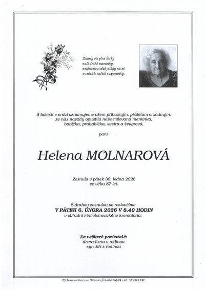 Smuteční oznámení – Helena Molnarová