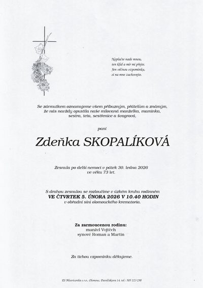 Smuteční oznámení – Zdeňka Skopalíková