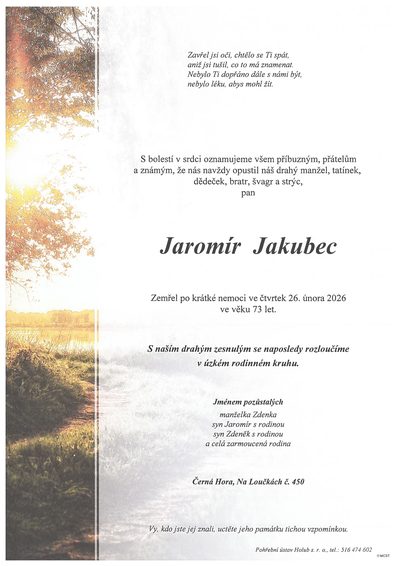 Smuteční oznámení – Jaromír Jakubec