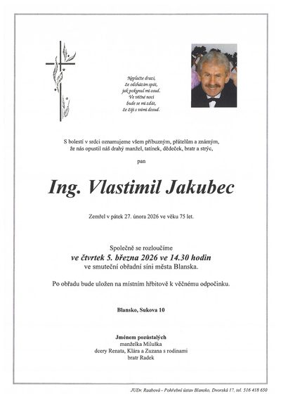 Smuteční oznámení – Ing. Vlastimil Jakubec