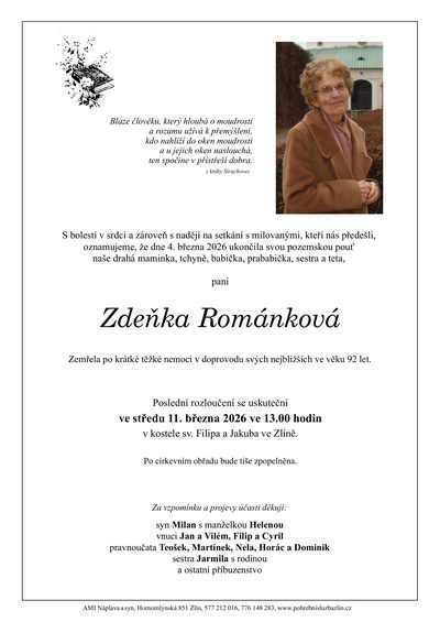 Smuteční oznámení – Zdeňka Románková