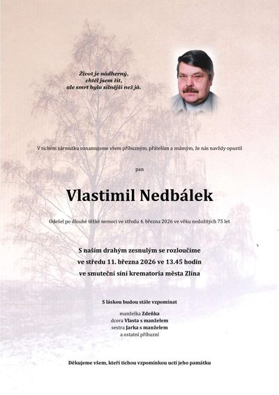 Smuteční oznámení – Vlastimil Nedbálek
