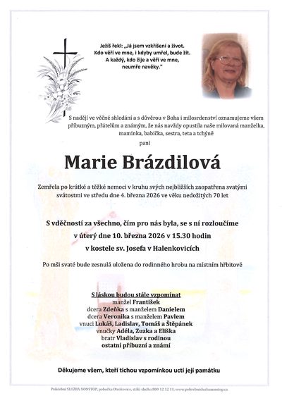 Smuteční oznámení – Marie Brázdilová