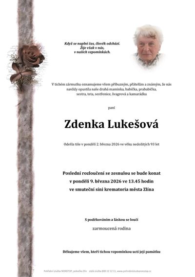 Smuteční oznámení – Zdenka Lukešová