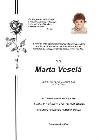 Smuteční oznámení – Marta Veselá