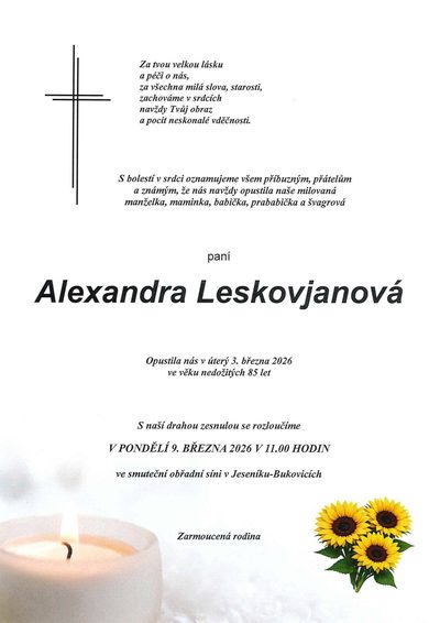 Smuteční oznámení – Alexandra Leskovjanová
