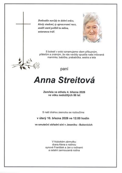 Smuteční oznámení – Anna Streitová