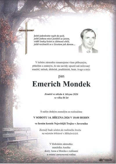 Smuteční oznámení – Emerich Mondek