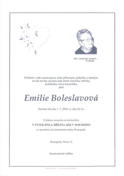 Smuteční oznámení – Emilie Boleslavová