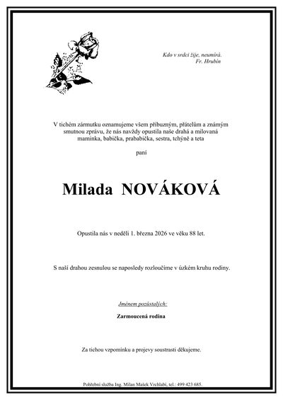 Smuteční oznámení – Milada Nováková