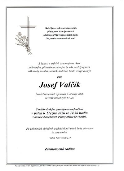 Smuteční oznámení – Josef Valčík
