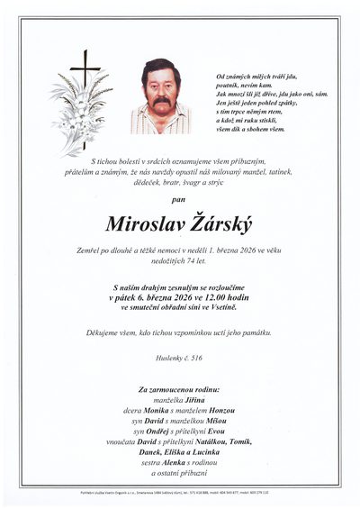Smuteční oznámení – Miroslav Žárský