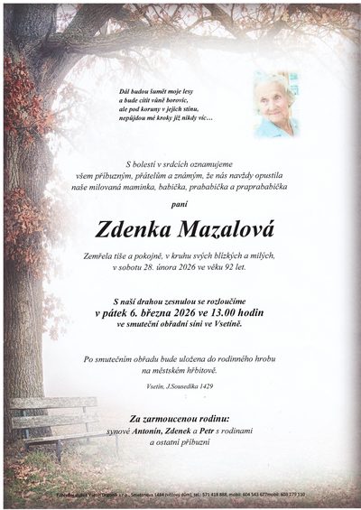 Smuteční oznámení – Zdenka Mazalová