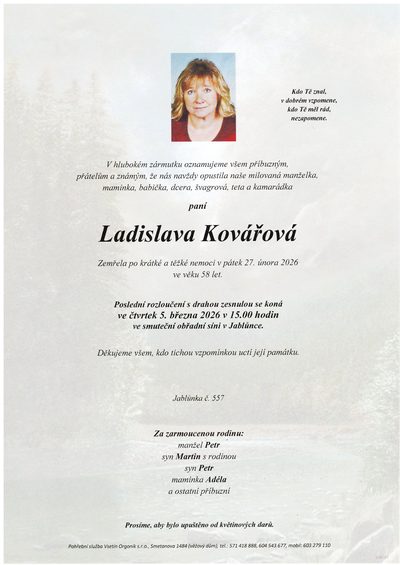 Smuteční oznámení – Ladislava Kovářová