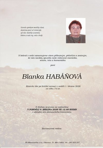 Smuteční oznámení – Blanka Habáňová