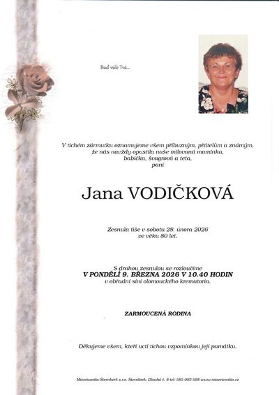 Smuteční oznámení – Jana Vodičková